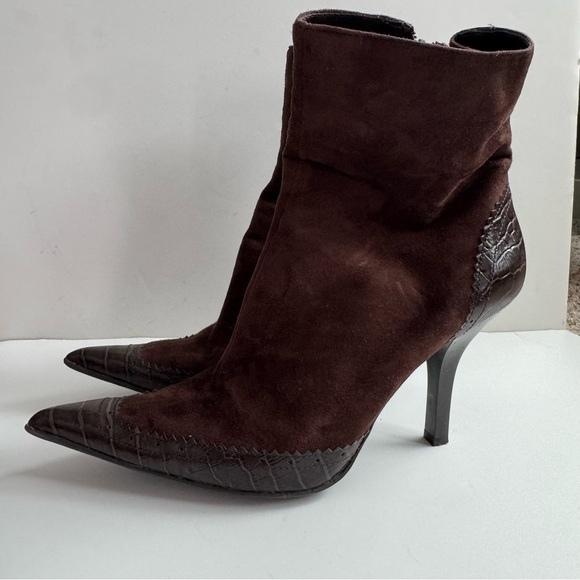 Nine West Top Dollar suede and croc print Dark Brown Suede leather Ankle Booties - Picture 2 of 14